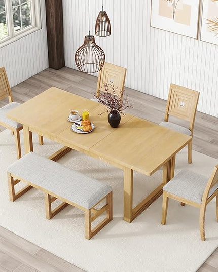 6-Piece Farmhouse Wood Extendable Dining Table Set with 18" Butterfly Leaf, 4 Upholstered Chairs and Versatile Long Bench, for Kitchen Room Furniture, Natural, 60"-78" L x 36" W x 30" H - LeafyLoom