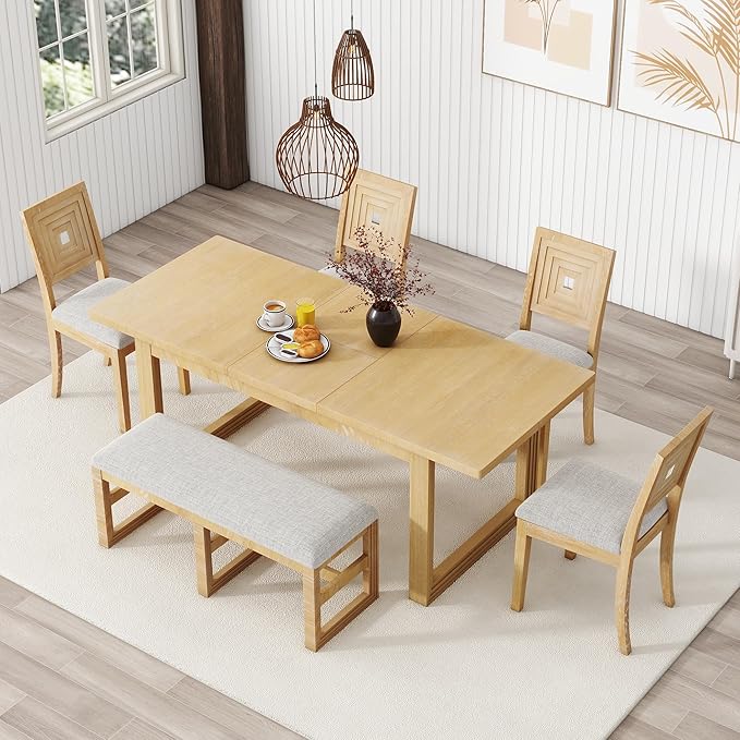 6-Piece Farmhouse Wood Extendable Dining Table Set with 18" Butterfly Leaf, 4 Upholstered Chairs and Versatile Long Bench, for Kitchen Room Furniture, Natural, 60"-78" L x 36" W x 30" H - LeafyLoom