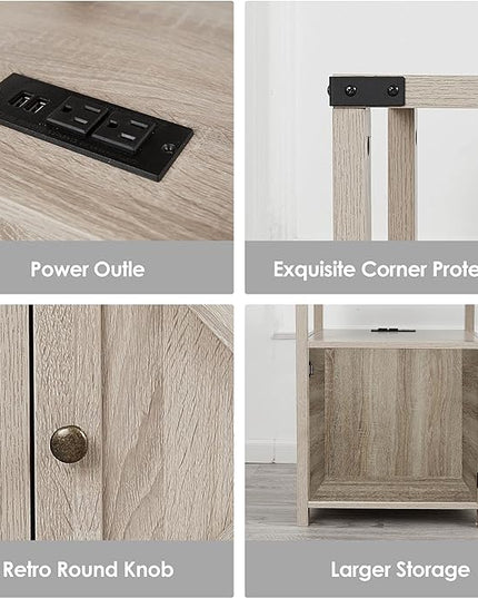 Farmhouse Nightstand with Charging Station, Rustic End Table Bedroom with Storage Living Room Side Table Beige Night Stand Industrial Bedside Bed Table with USB Ports and Outlets - LeafyLoom