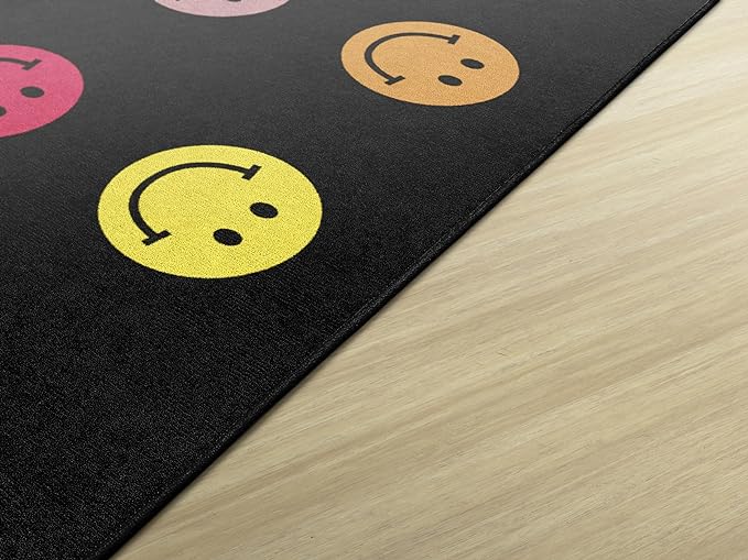 Flagship Carpets Schoolgirl Style Rainbow Smileys in Black Criss-Cross Applesauce Educational Area Rug for Kids Room, Children's Classroom for Teaching and Playroom, 5' x 7'6", Black & Multi, Seats 20 - LeafyLoom