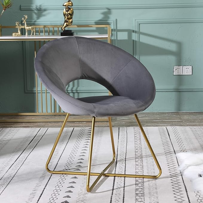 Roundhill Furniture Slatina Silky Velvet Upholstered Accent Chair with Gold Tone Finished Base, 25D x 28W x 31.5H in, Gray - LeafyLoom
