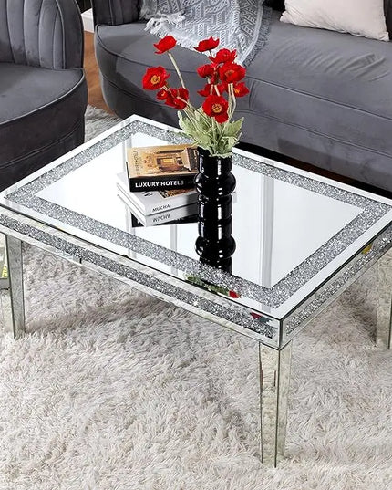 Silver Coffee Table with Crystals Inlay, 35 inches Modern Contemporary Accent Side or Coffee Table for Living Room with Mirrored Finished - LeafyLoom