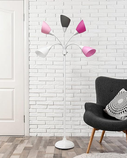 Simple Designs LF2006-WPG 67" Contemporary Multi Head Medusa 5 Light Adjustable Gooseneck White Floor Lamp with Pink, White, Gray Shades for Kids Bedroom Playroom Living Room Office, 30 x 10 x 67 - LeafyLoom