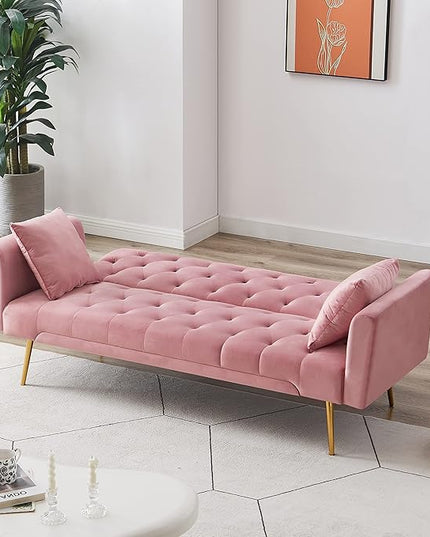 Convertible Folding Futon Sofa Bed Sleeper Lounge Couch,Small Velvet Upholstered Recliner Loveseat Daybed with Adjustable Backrest and Golden Metal Legs Space-Saving Sofabed for Living Room Office - LeafyLoom