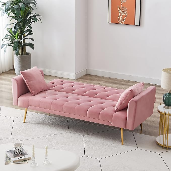Convertible Folding Futon Sofa Bed Sleeper Lounge Couch,Small Velvet Upholstered Recliner Loveseat Daybed with Adjustable Backrest and Golden Metal Legs Space-Saving Sofabed for Living Room Office - LeafyLoom