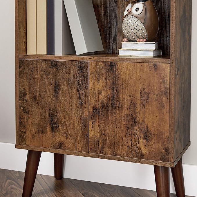 VASAGLE Bookcase, 2-Tier Retro Bookshelf with Doors, Storage Cabinet for Books, Photos, Decorations in Living Room, Office, Study, Mid-Century Style, Rustic Brown ULBC09BX - LeafyLoom