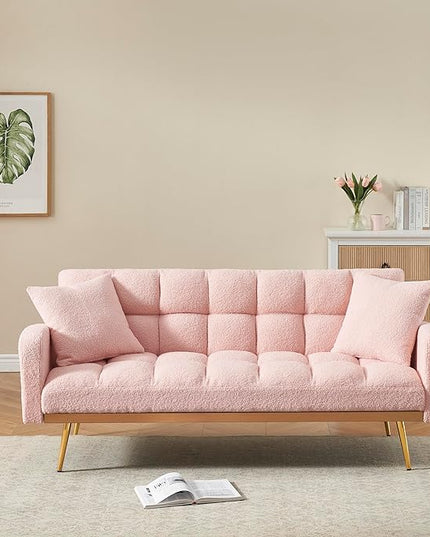 Fabric Teddy Fleece Folding Futon Sofa Bed w/Adjustable Backrests, 2 Seater Tufted Convertible Lounge Couch Recliner Loveseat with Metal Golden Legs for Living Room, Office,Bedroom, Pink 69" - LeafyLoom