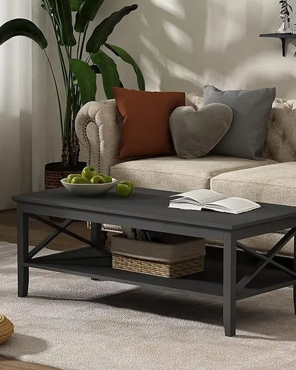 ChooChoo Oxford Coffee Table with Thicker Legs, Black Wood Coffee Table with Storage for Living Room, 47 inch - LeafyLoom