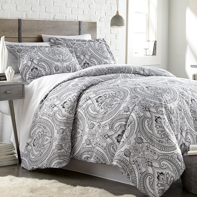 Southshore Fine Living, Inc. Oversized Full/Queen Comforter Bedding Set, Down Alternative Boho Bedspread, Paisley Print Comforter, Full Size/Queen with 2 Matching Shams, Pure Melody Black - LeafyLoom