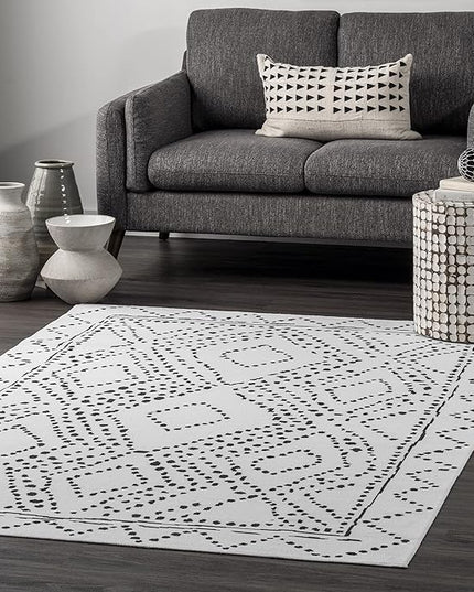 nuLOOM Mila Machine Washable Diamond Trellis Ultra Thin Area Rug, 6' Square, White - LeafyLoom