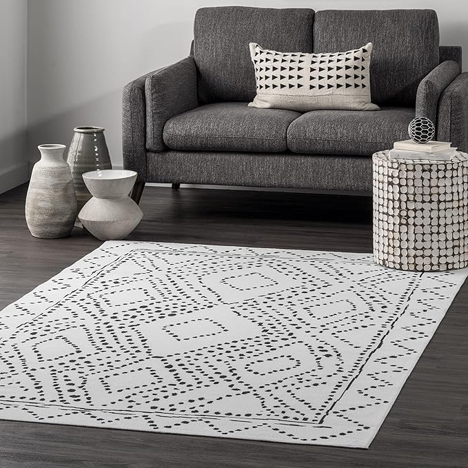 nuLOOM Mila Machine Washable Diamond Trellis Ultra Thin Area Rug, 6' Square, White - LeafyLoom