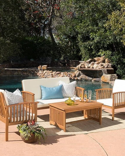 Christopher Knight Home Carolina Outdoor Acacia Sofa Set, 4-Pcs Set, Brown Patina + Cream Cushion - LeafyLoom