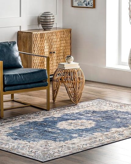 nuLOOM Ren Vintage Floral Machine Washable Ultra Thin Area Rug, 8x10, Blue - LeafyLoom