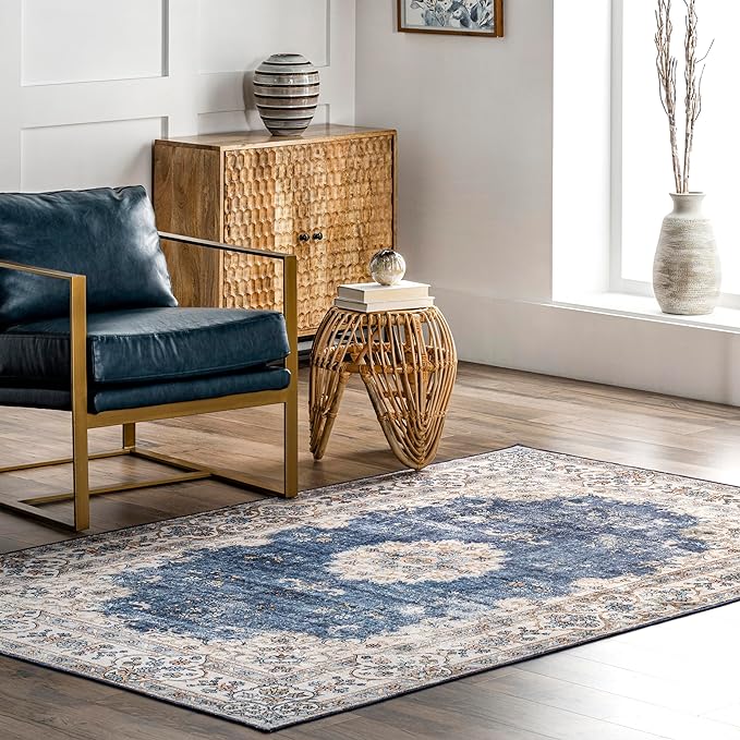 nuLOOM Ren Vintage Floral Machine Washable Ultra Thin Area Rug, 8x10, Blue - LeafyLoom