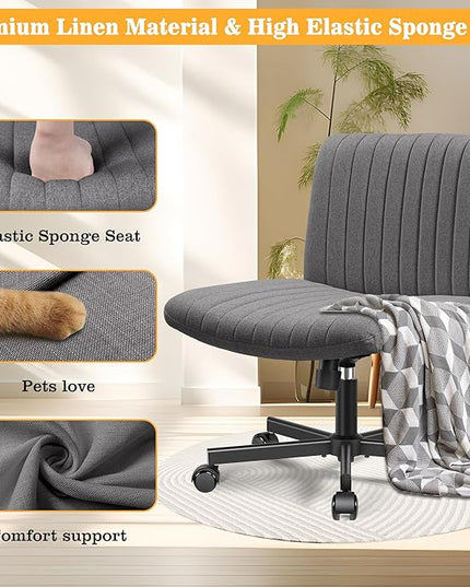 Armless Office Chair with Wheels, Ergonomic Wide Seat Fabric Cross Legged Desk Chair, Swivel Computer Chair for Home Office, Modern Vanity Chair Dark Gray - LeafyLoom