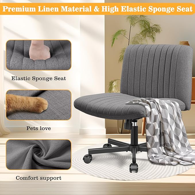 Armless Office Chair with Wheels, Ergonomic Wide Seat Fabric Cross Legged Desk Chair, Swivel Computer Chair for Home Office, Modern Vanity Chair Dark Gray - LeafyLoom