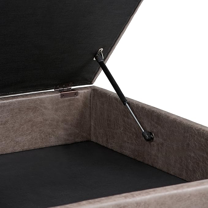 SIMPLIHOME Owen 36 Inch Wide Mid Century Modern Square Coffee Table Lift Top Storage Ottoman in Upholstered Distressed Grey Taupe Faux Leather, For the Living Room - LeafyLoom