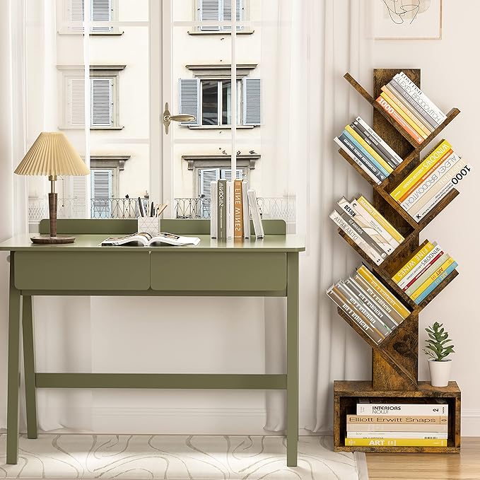Hoctieon 6 Tier Tree Bookshelf, Tall Bookcase with Drawer, Freestanding Book Shelf, Display Floor Standing Storage Shelf, Book Organizer Shelves for Home Office, Rustic Brown - LeafyLoom