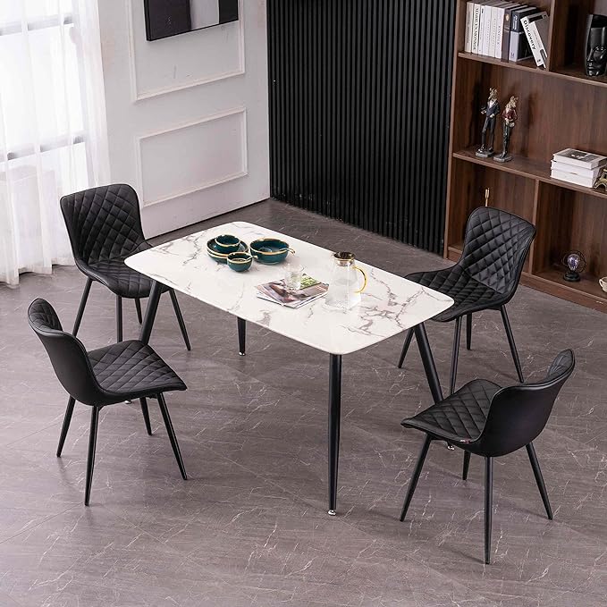 YOUTASTE Black Dining Chairs Set of 2 Mid Century Modern PU Leather Diamond Upholstered Accent Guest Dinner Chair with Back Metal Legs for Kitchen Living Reception Waiting Room - LeafyLoom