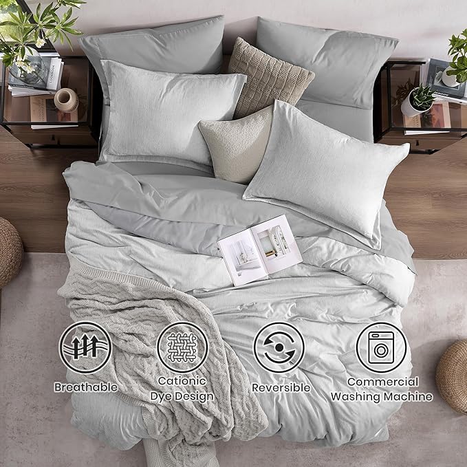 Monbix Queen Size Comforter Set, Grey Bedding Comforter for Queen Size Bed Set Reversible, Queen Comforter Set 7 Pieces, Cationic Dyeing Bed in a Bag with Comforter, Sheets, Pillowcases & Shams - LeafyLoom