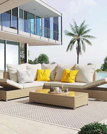 Merax Patio Furniture Sets Outdoor, All Weather PE Rattan Sofa with Adjustable Chaise Lounge, Seat Cushions and Tempered Glass Table, Beige - LeafyLoom