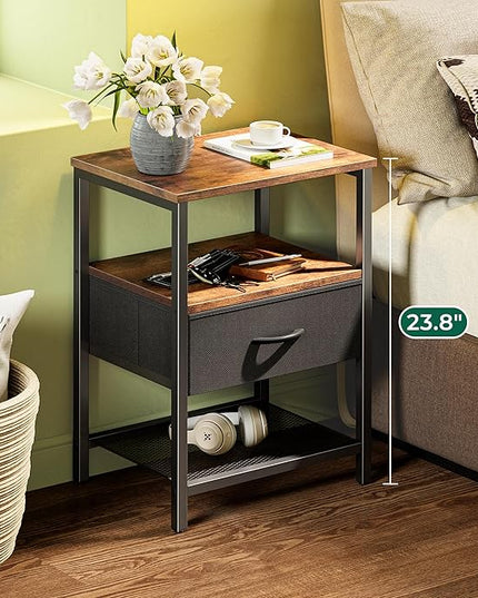 Night Stand with Fabric Drawer, Side Table with Mesh Shelf, Bedroom Nightstand, Fabric Drawer Dresser, Open Shelf, Metal Frame, Couch Side, Rustic Brown and Black - LeafyLoom