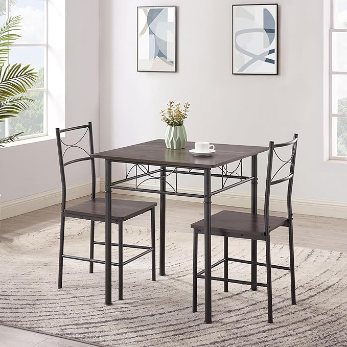 3-Piece Metal and Wood Indoor Modern Square Dining Table Furniture Set for Kitchen, Dining Room, Dinette, Breakfast Nook w/ 2Chairs - Gray - LeafyLoom