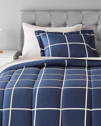 Amazon Basics Lightweight Microfiber Bed-in-a-Bag Comforter 5 Piece Bedding Set, Twin/Twin XL, Navy with Grey Plaid - LeafyLoom