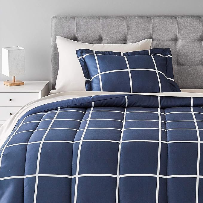 Amazon Basics Lightweight Microfiber Bed-in-a-Bag Comforter 5 Piece Bedding Set, Twin/Twin XL, Navy with Grey Plaid - LeafyLoom