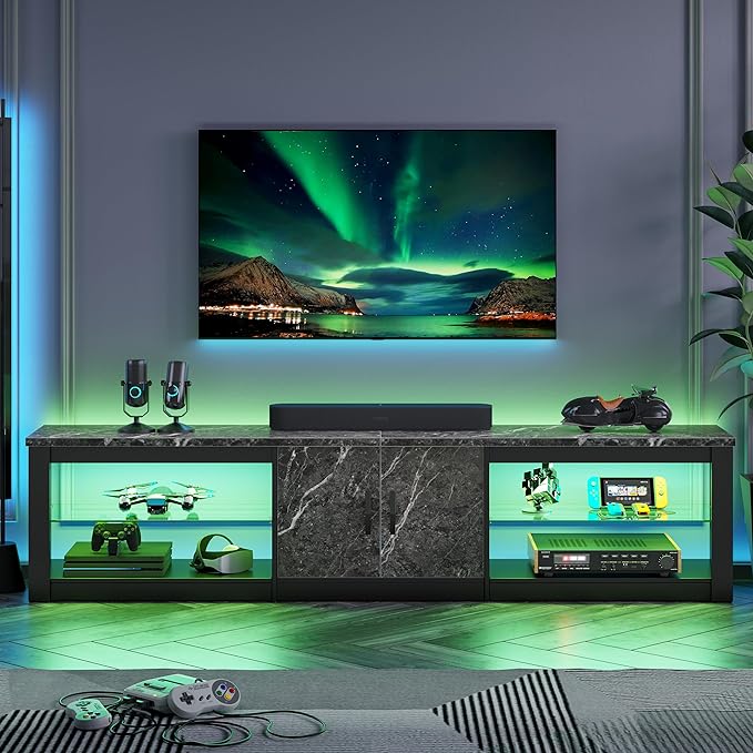 Bestier 80 Inch TV Stand for 65/75/85 inch TVs, Modern LED Entertainment Center with Storage Cabinet, Adjustable Glass Shelves ＆ Cable Management, Gaming TV Console Table for Living Room, Black Marble - LeafyLoom
