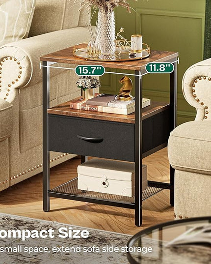 Night Stand with Fabric Drawer, Side Table with Mesh Shelf, Bedroom Nightstand, Fabric Drawer Dresser, Open Shelf, Metal Frame, Couch Side, Rustic Brown and Black - LeafyLoom