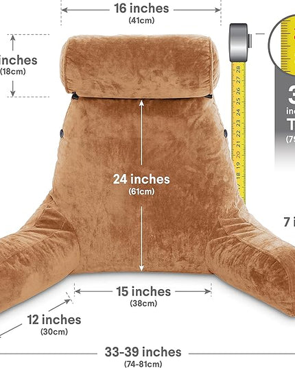 Husband Pillow XXL Tan Backrest with Arms - Adult Reading Pillow Shredded Memory Foam, Ultra-Comfy Removable Microplush Cover & Detachable Neck Roll, Unmatched Support for Bed Rest Sit Up Pillow - LeafyLoom