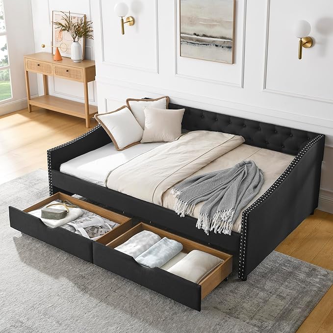 Full Size Daybed with 2 Drawers, Upholstered Tufted Day Bed, with Button Back and Waved Shape Arms, Wood Slat Support, No Spring Box Need, for Bedroom, Livingroom - LeafyLoom