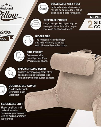 Husband Pillow XXL Aspen Edition, Adult Reading Sit Up Bed Rest Pillow for Bed with Arms & Neck Roll on Bungee Cord - Premium Memory Foam - Reversible 2 Sided Cover Micro Suede or Plush, Cowboy Taupe - LeafyLoom