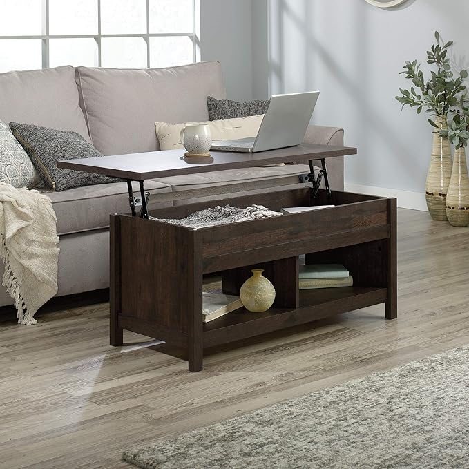 Sauder Cannery Bridge Lift-top Table, L: 43.15" x W: 19.45" x H: 19.02", Coffee Oak finish - LeafyLoom