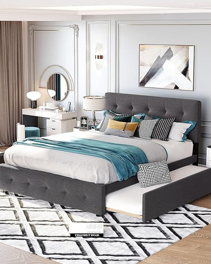 Queen Size Platform Bed, Queen Linen Fabric Upholstered Platform Bed Frame with 2 Storage Drawers and 1 Twin XL Trundle, Ideal Bedroom Furniture, No Box Spring Needed, Dark Gray - LeafyLoom