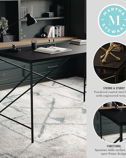 Martha Stewart Maddox Home Office Parsons Desk in Black Wood Grain with Oil Rubbed Bronze Metal X-Frame - LeafyLoom