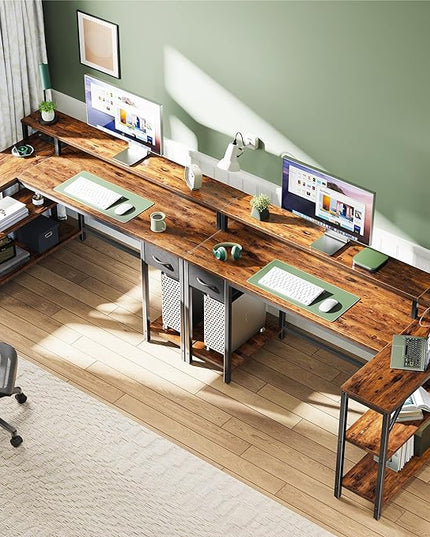 SUPERJARE 53 inch Reversible L Shaped Desk with LED Lights & Power Outlets, Computer Desk with Shelves & Monitor Stand, Gaming Desk with Drawer, Home Office Desk Corner Desk, Rustic Brown - LeafyLoom