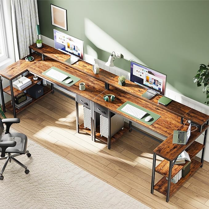 SUPERJARE 53 inch Reversible L Shaped Desk with LED Lights & Power Outlets, Computer Desk with Shelves & Monitor Stand, Gaming Desk with Drawer, Home Office Desk Corner Desk, Rustic Brown - LeafyLoom