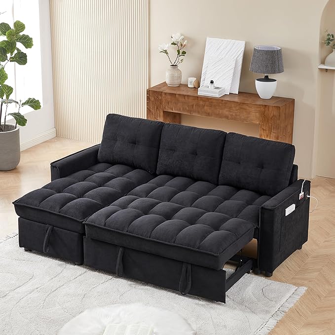 Chenille Convertible Sleeper Sectional Sofa with Reversible Storage Chaise and Pull Out Couch Bed , L Shaped Corner Sofabed with USB and tape-c Charging Ports for Living Room Office Small Places - LeafyLoom