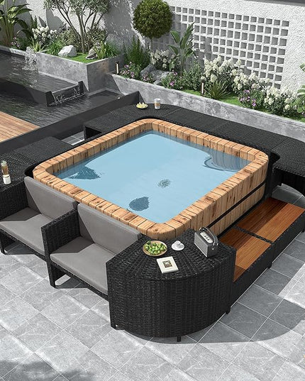 Outdoor Patio Furniture Set Spa Surround Quadrilateral Sofa with Wood Seatings, Rattan Sectional Couch w/Storage Space and Waterproof Cushions, for Yard Pool Backyard, Grey - LeafyLoom