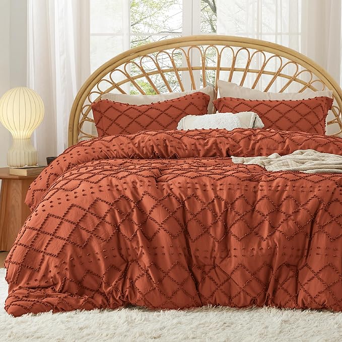 Bedsure King Size Comforter Set - Terracotta Comforter, Boho Tufted Shabby Chic Bedding Comforter Set, 3 Pieces Farmhouse Bed Set for All Seasons, Fluffy Soft Bedding Set with 2 Pillow Shams - LeafyLoom