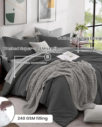Monbix Full Size Comforter Set, Dark Grey Bedding Comforter for Full Size Bed Set Reversible, Bedding Sets Full 7 Pieces, Cationic Dyeing Bed in a Bag with Comforter, Sheets, Pillowcases & Shams - LeafyLoom