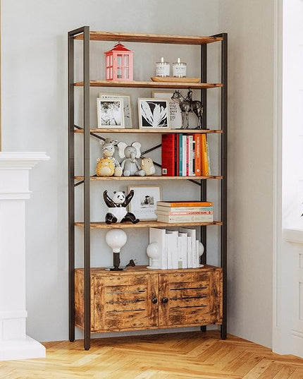 IRONCK Bookshelf and Bookcase with Adjustable 5 Shelves, 70" H x 31.5" W Wide Bookshelves with Door and Wheels, Vintage Brown - LeafyLoom