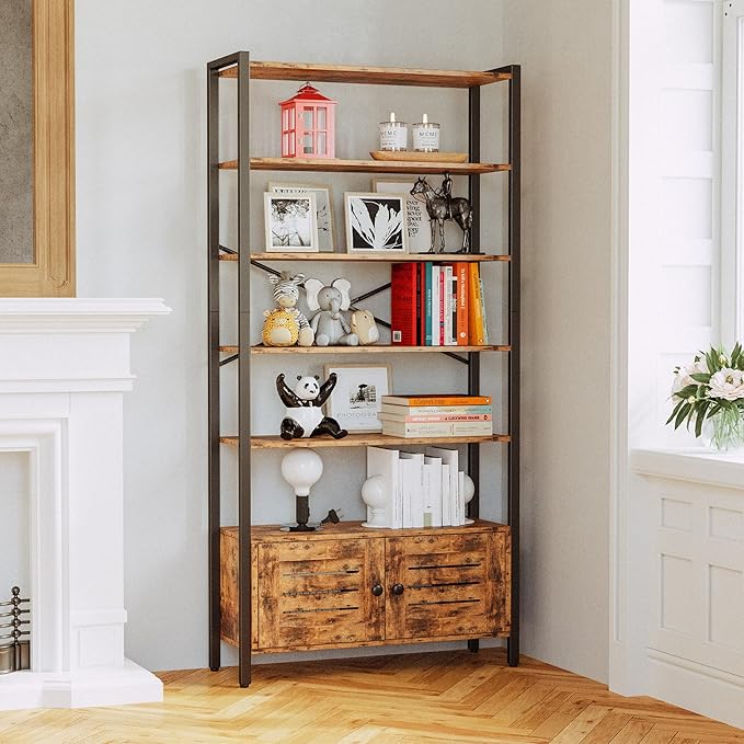 IRONCK Bookshelf and Bookcase with Adjustable 5 Shelves, 70" H x 31.5" W Wide Bookshelves with Door and Wheels, Vintage Brown - LeafyLoom