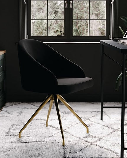 Martha Stewart Sora Stationary Swivel Task Chair with Sloped Arms for Home Office in Black Velvet with Polished Brass Frame - LeafyLoom