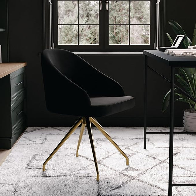 Martha Stewart Sora Stationary Swivel Task Chair with Sloped Arms for Home Office in Black Velvet with Polished Brass Frame - LeafyLoom