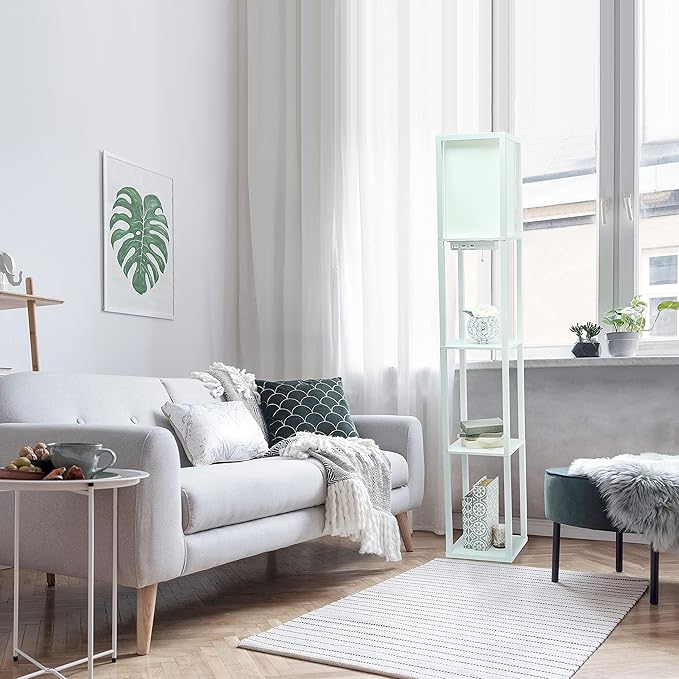 Simple Designs LF1037-WHT-LB Three Shelf Etagere Organizer Storage Floor Lamp with 2 Dual USB Ports and Charging Outlet, White, with Feit LED Bulb Included - LeafyLoom