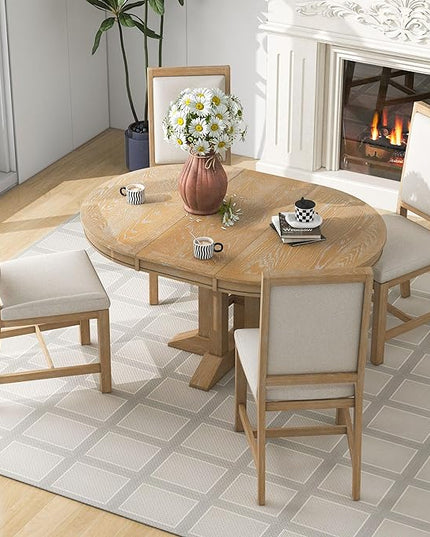 Farmhouse 5-Piece Dining Set, Included Retro Extendable Round Table with X-Shape Base and 4 Upholstered Chairs, Solid Wood Adjustable Dinette Furniture for Kitchen Living Room, Natural - LeafyLoom