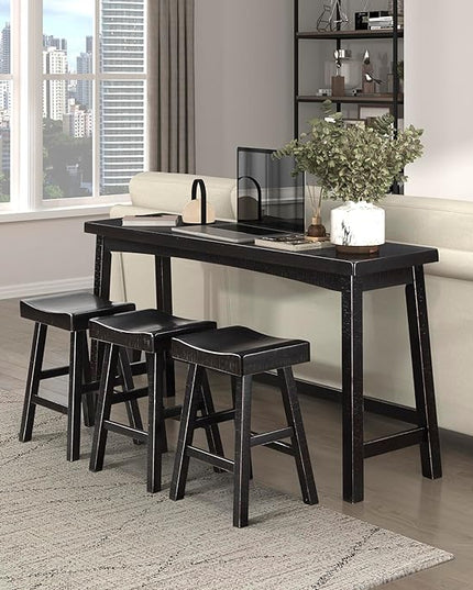Lexicon Bar Table Set for 3, Small Kitchen table set Kitchen Island Table with 3 Saddle Bar Stools, 4 Piece Dining Table Set for Breakfast Nook, Living Room, Apartment, Counter Height, Black - LeafyLoom